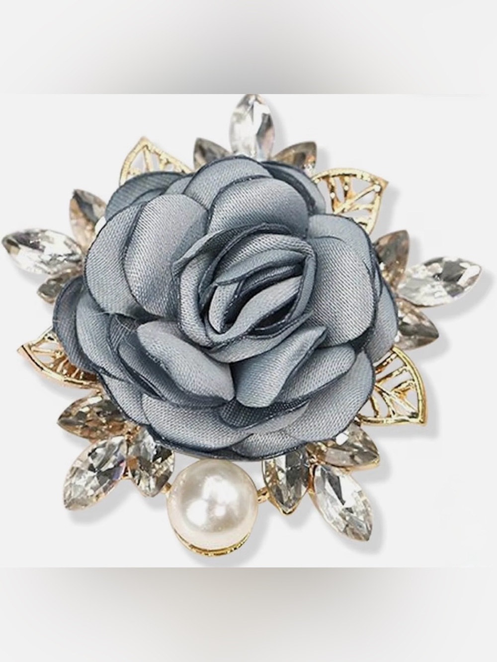 Stylish Gray Fabric Rose Brooch with Pearl & Crystal Accents